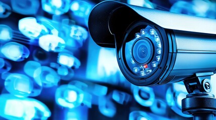 A close-up of a security camera on a high-tech background, highlighting modern surveillance technology and its importance in security systems.