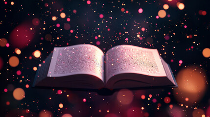 Open book with shimmering pages surrounded by colorful bokeh lights on a dark background.