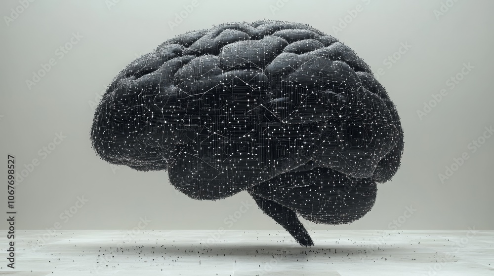 Poster silhouette of a brain formed by interconnected nodes symbolizing neural complexity and connectivity