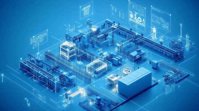 Aerial view of a futuristic factory layout showcasing advanced automation and digital technologies in a vibrant blue environment