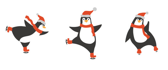 A set of three cute penguins ice skating. Christmas animals wearing red hats and scarfs. © Galina Pilina