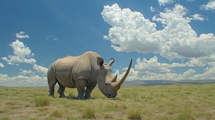 Fototapeta premium A rhinoceros grazing in a vast, open landscape under a blue sky.