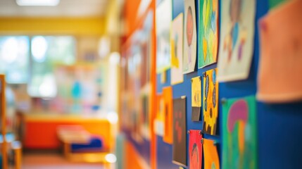 vibrant exhibition sign in a classroom, showcasing educational materials and student artwork displayed on colorful boards.