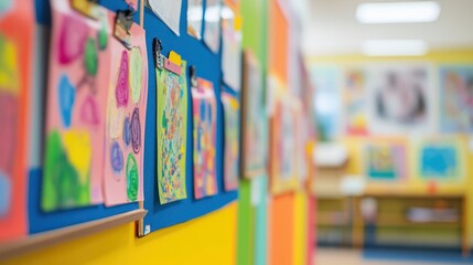 vibrant exhibition sign in a classroom, showcasing educational materials and student artwork displayed on colorful boards.