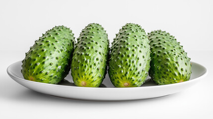 Four spiky cucumbers are placed together on a white dish, showcasing their vibrant green color