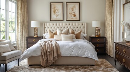 Fototapeta premium Luxurious Bedroom Interior with Upholstered Bed and Tan Accents