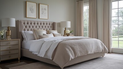 Fototapeta premium Luxurious Bedroom with Tufted Headboard and White Bedding