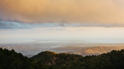 Scenic view of Cyprus mountains near Kykkos Monastery at golden sunset