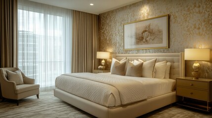 Fototapeta premium Modern Luxurious Bedroom with Large Bed, Golden Accents, and Artwork