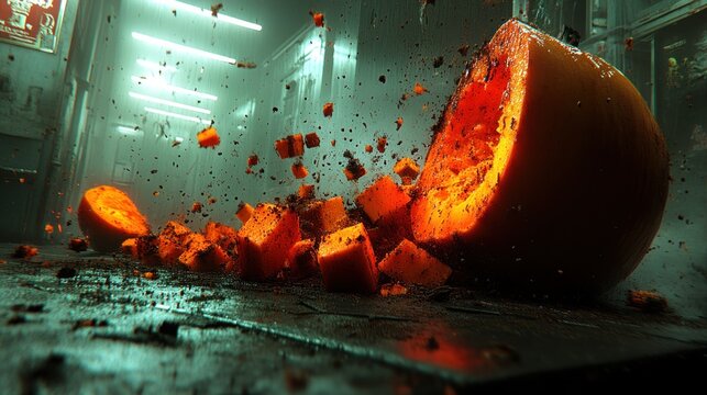 A pumpkin explodes into pieces, scattering across a dark, gritty surface.