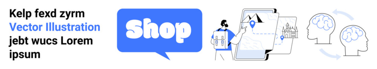 Shop speech bubble alongside a person with a package, digital map with location pins, and profiles with wireless signals. Ideal for e-commerce, shipping, technology, navigation, communication. Banner