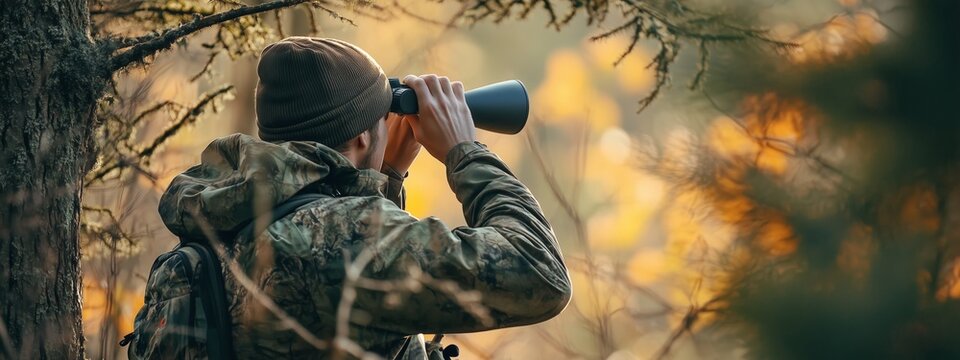 A man in camouflage gear uses binoculars to observe wildlife in a forest during early morning hours