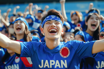 Happy Japanese Fans Cheering with Raised Arms in Stadium. A young Japanese man in a blue "Japan" jersey, cheering with a wide smile and arms raised, surrounded by joyful fans.
