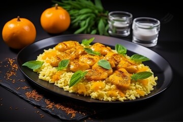 Delicious golden chicken cubes on fluffy white rice with vibrant carrots and caramelized onions