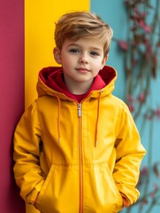 A young boy with blonde hair wears a yellow jacket and red hoodie, standing against a colorful background of red, yellow, and blue, radiating charm and confidence in modern kids fashion.