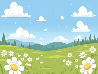 Fototapeta premium A serene landscape featuring flowers, hills, and a bright sky.