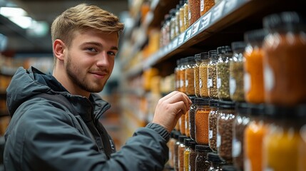 Young male consultant examining spices in a natural food store aisle during daylight hours