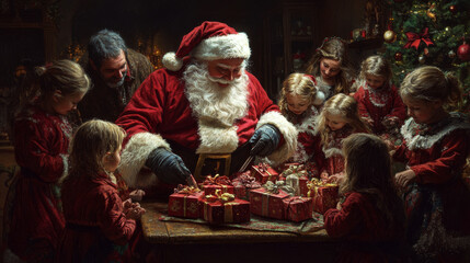 Santa is surrounded by children and is handing out gifts beside a decorated tree. Concept holiday joy and festive gathering.