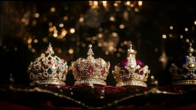 Three Kings' Crowns. Three gold jewelry crowns standing on black background with gold bokeh. The Three Wise Men - Los Tres Reyes Magos celebration, Epiphany day