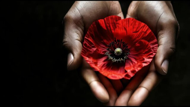 Hand holding red poppy flower, remembrance day, Veterans day, Anzac day, lest we forget concept