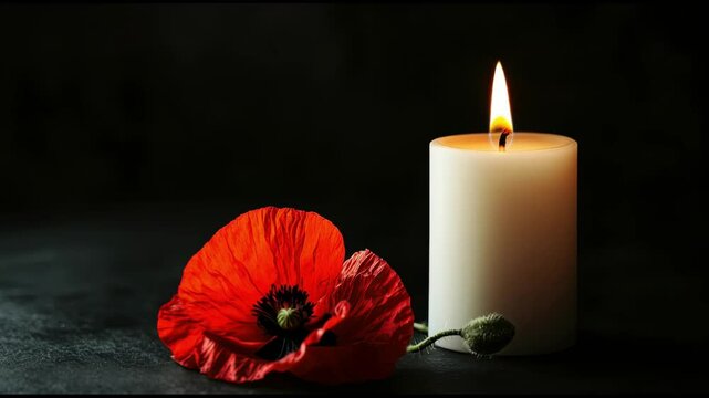 Remembrance Day, Memorial, Armistice, Anzac day background. Red poppy flowers lying near burning candle on black background