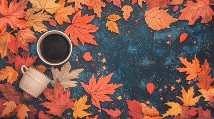 A cozy autumn scene featuring a cup of coffee surrounded by colorful leaves.