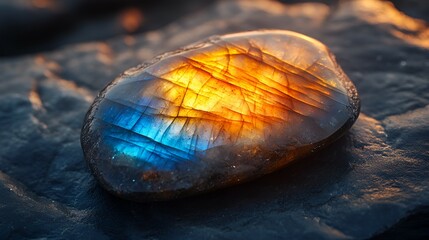 Fototapeta premium A luminous gemstone with vibrant blue and orange hues, set against a textured dark background, illustrating natural beauty and intricate details.
