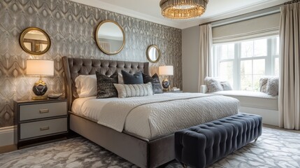 Luxurious Bedroom with Upholstered Bed, Tufted Ottoman, and Window Seat