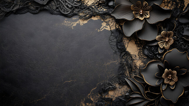 dise&ntilde;o de un fondo negro con flores decorativas en color negro con dorado y ocre estilo gotico y elegante romantico con espacio de copia para invitacion o dise&ntilde;o