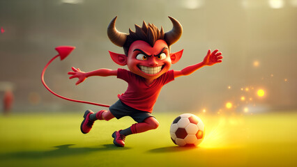 Fototapeta premium Cute Devil Playing Soccer Advertisement
