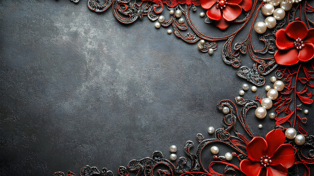 un fondo negro elegante con espacio de copia con un marco de encaje elegante y flores rojas con perlas de decoracion alrededor 