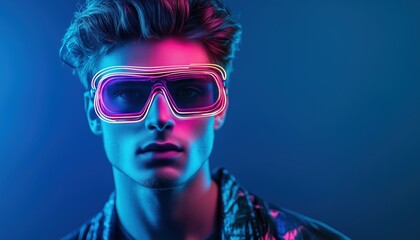 Serious And Handsome Young Man From The Future In Neon Wire Goggles Standing Against Blue Light - Portrait.