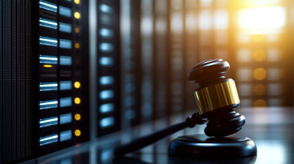 A judge's gavel is placed next to a row of servers in a dimly lit room. Concept of law and technology.