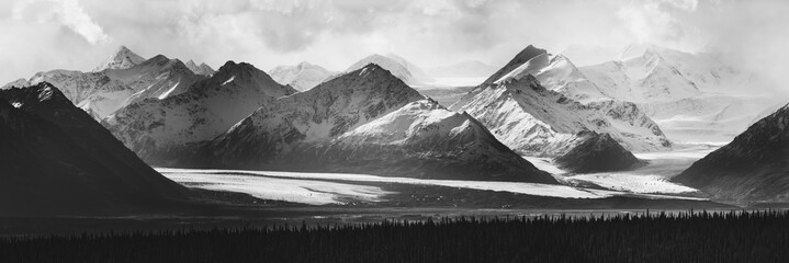 Panoramic grayscale view of St. Elias National Park in Alaska