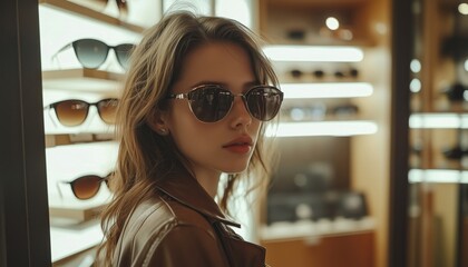 Woman In Her Youth Carefully Selects A Pair Of Sunglasses From The Wide Array Offered In An Optics Store.