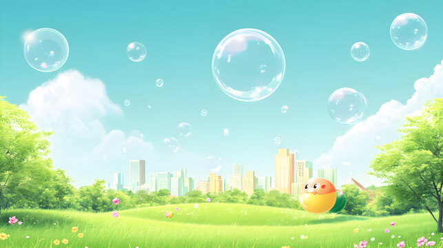 un fondo de un paisaje colorido con edificios al fondo y arboles alrededor con burbujas de jabon flotando y volando por el aire fondo divertido