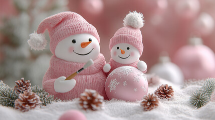 Adorable Snowman Family with Pink Holiday Decor in Snowy Landscape