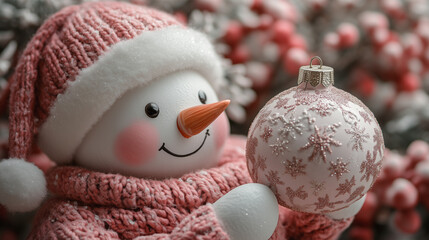 Obraz premium Charming Snowman Figure in Pink Knit Attire Holding Christmas Ornament
