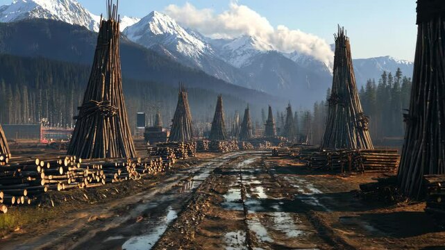A row of tall woodpiles stands in front of a snow-capped mountain range in the late afternoon