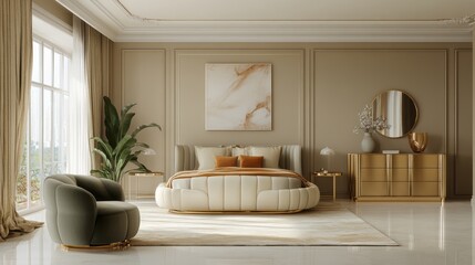 Fototapeta premium Luxurious Modern Bedroom with Beige Walls and Gold Accents