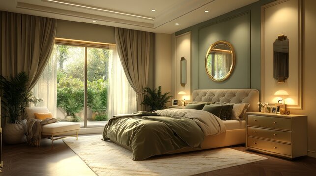 Luxurious Bedroom with Green Accents and Golden Details