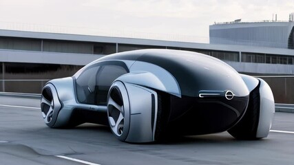 A silver and black futuristic concept car drives on a gray paved road. The car has an aerodynamic design with large wheels and a sleek body