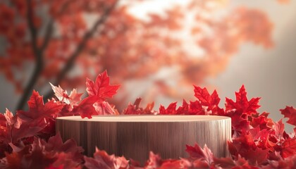 Fall Season Showcase: Wooden Podium Display With Red Maple Leaves. Seasonal Home Decor For Autumn. Perfect For Thanksgiving, Halloween, And Holiday Season.