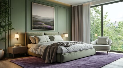 Fototapeta premium Modern Bedroom Interior with Green Walls and a Purple Rug