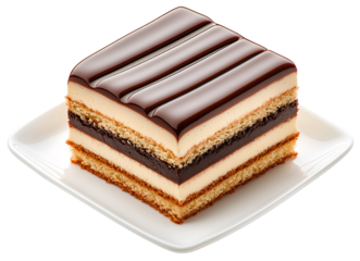 A close-up of a chocolate layered dessert on a white plate. The dessert has a smooth chocolate glaze and layers of cake and cream.