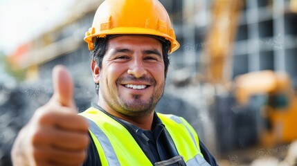 A smiling construction worker gives a thumbs up at a busy job site, showing approval and teamwork in the industry