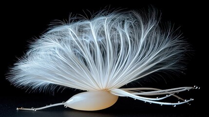 A single dandelion seed with its white parachute on a black background.