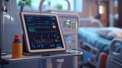 Real-Time Medical Tablet Interface on Hospital Cart Showing Vital Signs Metrics for Patient Heart Rate and Oxygen Levels in Clinical Care Setting