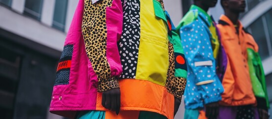 Close up of four people wearing brightly colored patterned jackets.