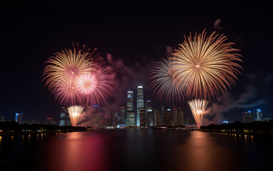 fireworks over the river next to the city new years eve